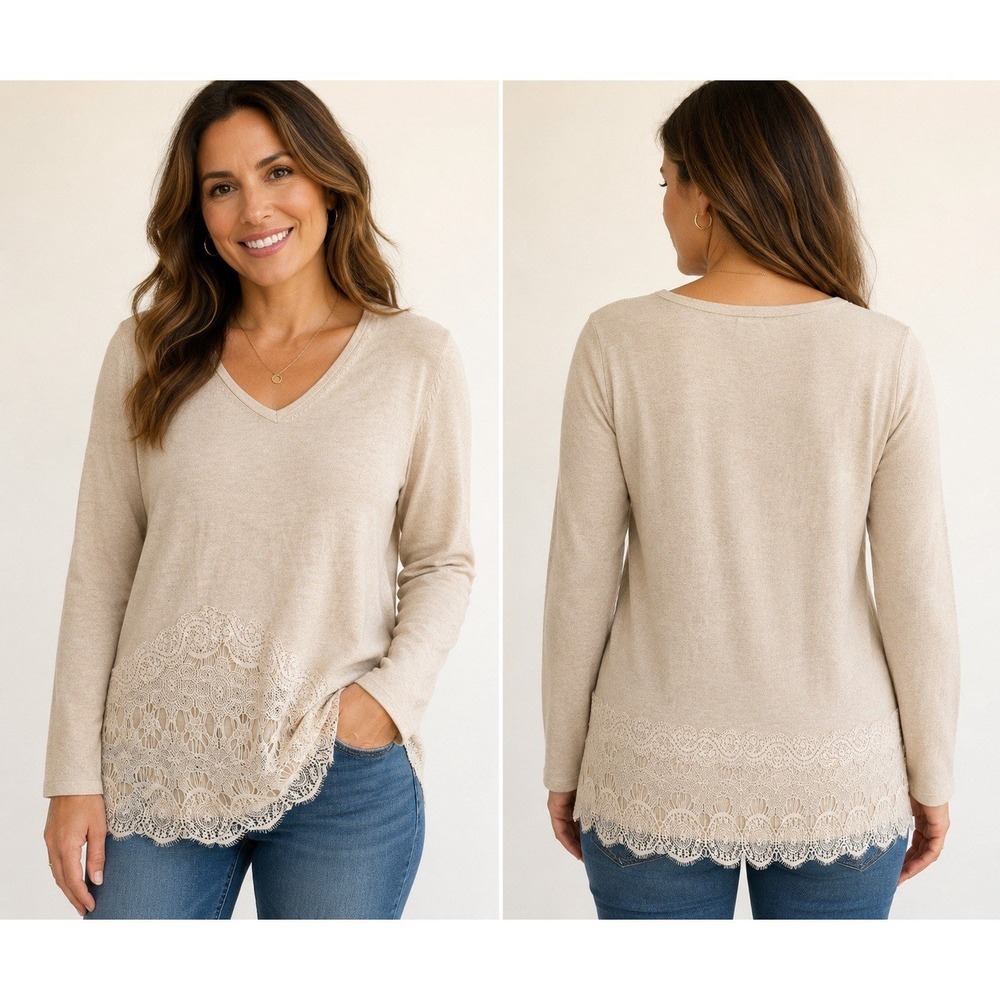 Chicos Hilary Pullover Sweater Sz 2 US Large Tan Lace Trim Vneck Asymmetric Hem